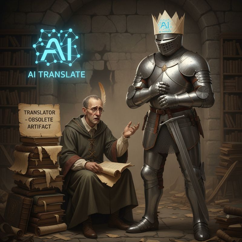 AI 왕관을 쓴 기사와 뒤에서 박탈감을 느끼는 번역가