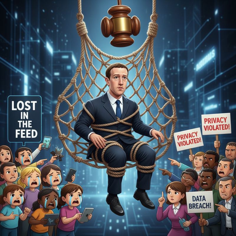 수트 입은 저커버그가 법망에 걸려 있고, 한쪽엔 아이, 다른 쪽엔 어른들이 혼란스러워하는 모습