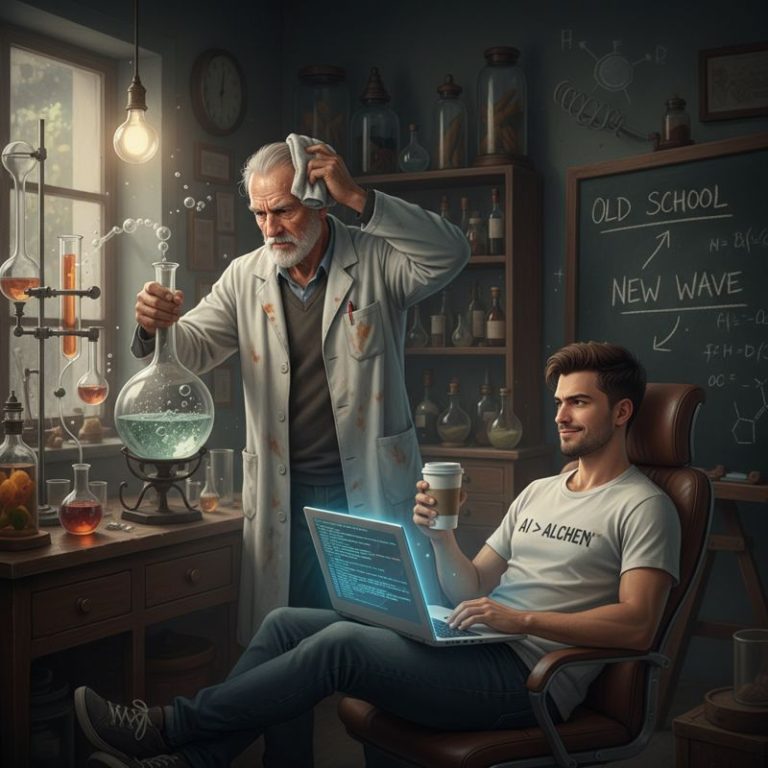 실험실 연구자와 AI 개발자의 대비: 땀 흘리는 과학자 옆에서 느긋하게 노트북을 두드리는 젊은 개발자