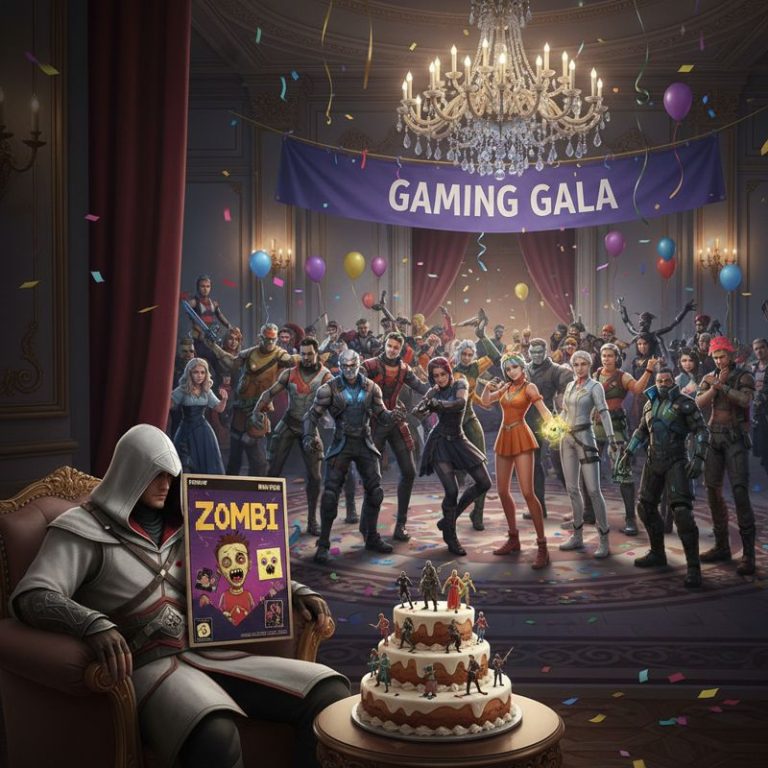 화려한 파티에서 구석에 있는 유비소프트 캐릭터들과 중심에 몰려 있는 최신 인기 게임 캐릭터들