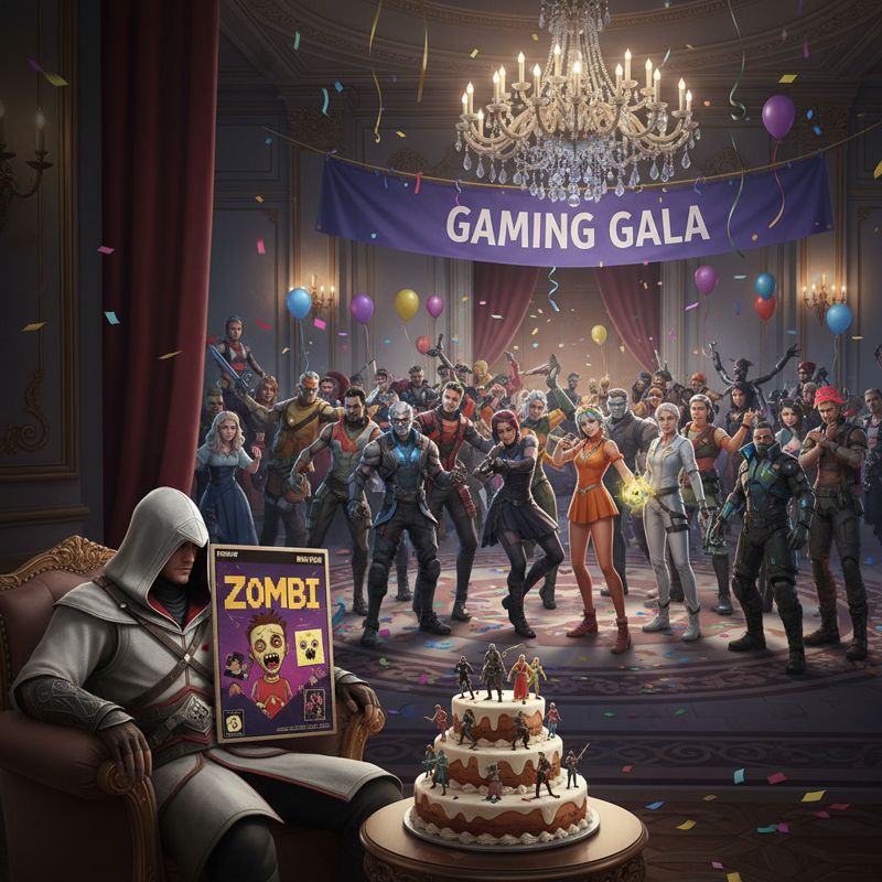 화려한 파티에서 구석에 있는 유비소프트 캐릭터들과 중심에 몰려 있는 최신 인기 게임 캐릭터들