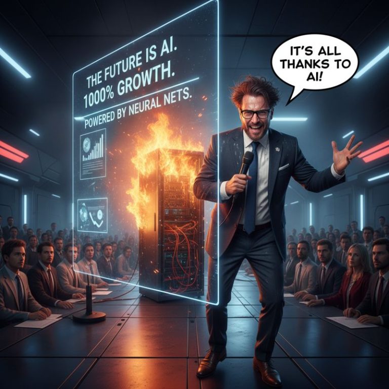 발표 중인 스타트업 대표 뒤에 고장이 나 연기나는 서버 이미지