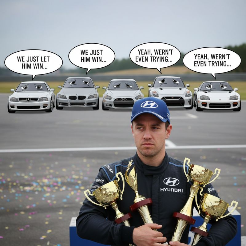 트로피를 들고 쿨하게 서 있는 현대차, 시무룩한 경쟁사들