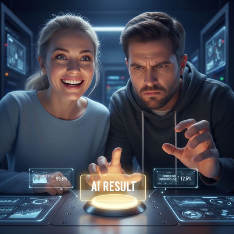 한 사람은 AI 결과를 믿으며 웃고, 다른 사람은 의심 가득한 표정으로 결과를 보는 모습