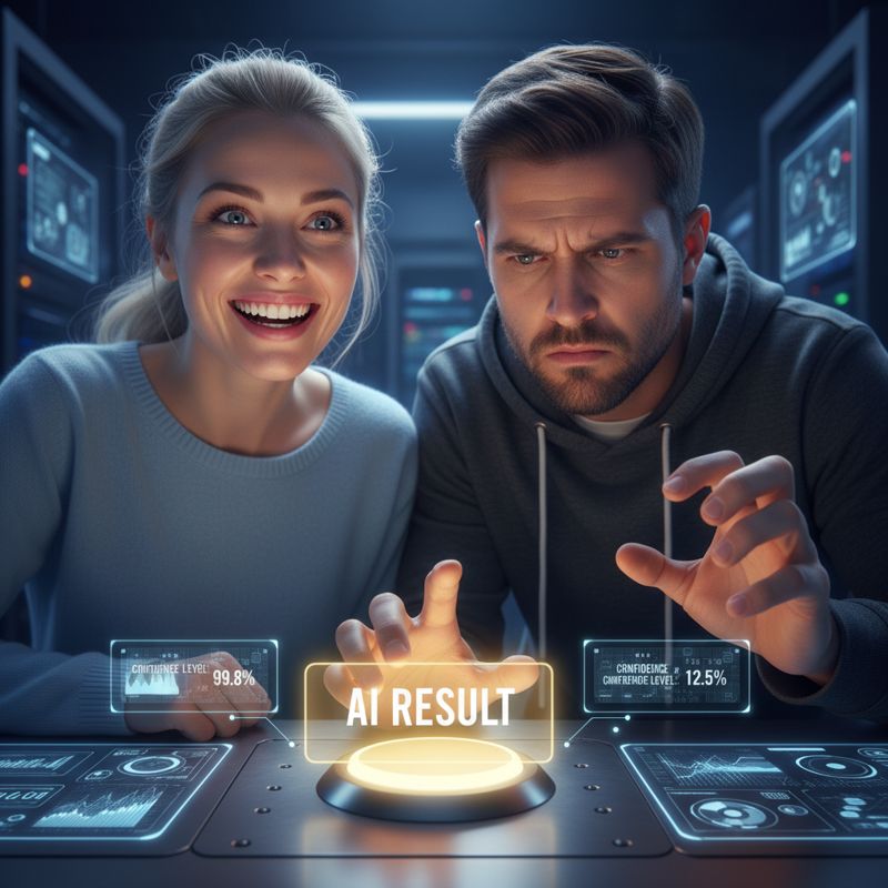 한 사람은 AI 결과를 믿으며 웃고, 다른 사람은 의심 가득한 표정으로 결과를 보는 모습