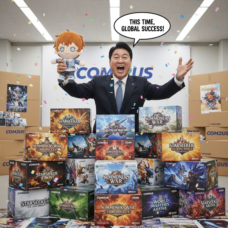 컴투스 임원이 애니 인형을 들고 '글로벌 성공'을 외치며 쌓여있는 게임 타이틀 박스 앞에 서 있는 장면