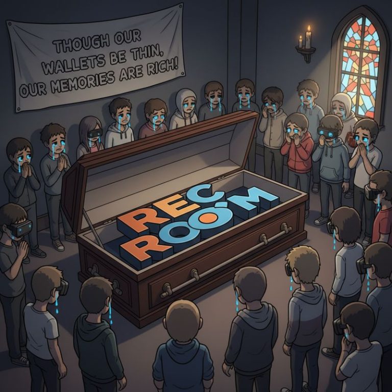 Rec Room 로고가 들어간 관을 둘러싼 VR 아바타들이 슬퍼하는 밈 이미지