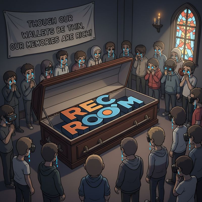 Rec Room 로고가 들어간 관을 둘러싼 VR 아바타들이 슬퍼하는 밈 이미지
