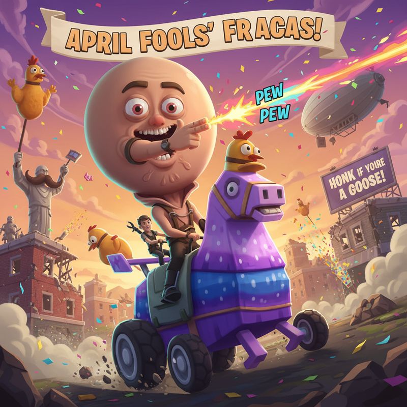 머리가 크게 변한 포트나이트 캐릭터들이 손가락 총을 쏘며 라마를 타고 장난스럽게 싸우는 장면