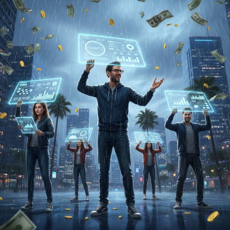 스타트업 창업자들이 프레젠테이션 데크로 머리를 가리며 달러 지폐가 비처럼 쏟아지는 장면