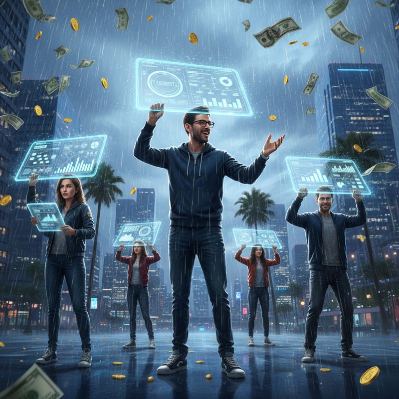 스타트업 창업자들이 프레젠테이션 데크로 머리를 가리며 달러 지폐가 비처럼 쏟아지는 장면