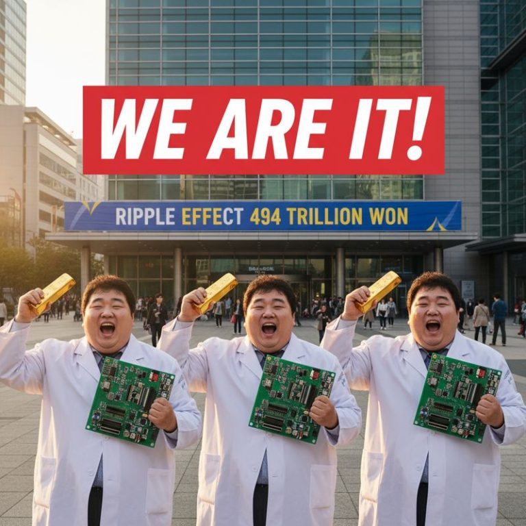 연구원이 금괴와 TDX 기판을 들고 자축하는 모습. 배경에는 494조 파급효과 현수막.