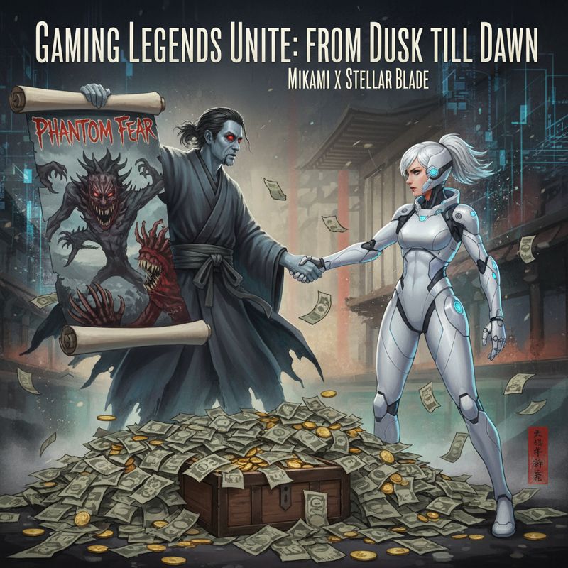 미카미 신지가 공포 게임 콘셉트 아트와 함께 현금 위에서 스텔라 블레이드 캐릭터와 악수하는 모습