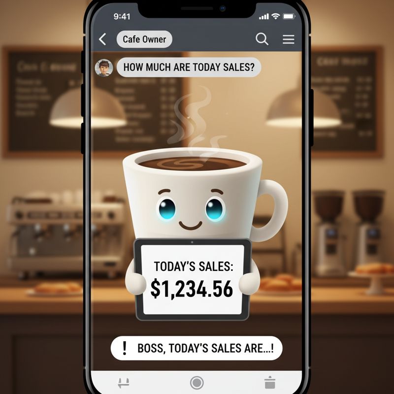 카페 사장님이 카카오톡으로 AI 챗봇에게 매출을 물어보는 장면