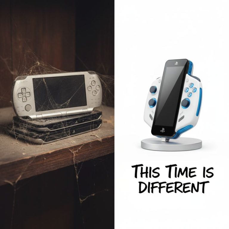 구석에 쌓여있는 옛날 소니 휴대용 콘솔들과 새롭게 등장하는 PS6 핸드헬드 모형