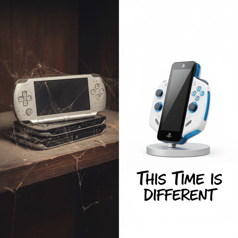 구석에 쌓여있는 옛날 소니 휴대용 콘솔들과 새롭게 등장하는 PS6 핸드헬드 모형