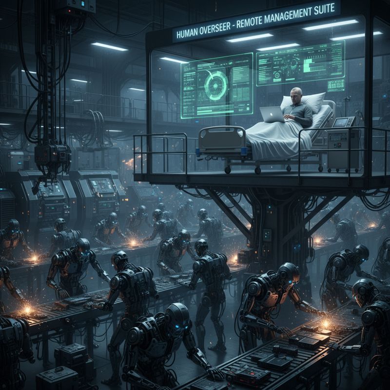 로봇들이 일하는 사무실에서 인간 매니저만 병원 침대에 누워 노트북을 하는 모습