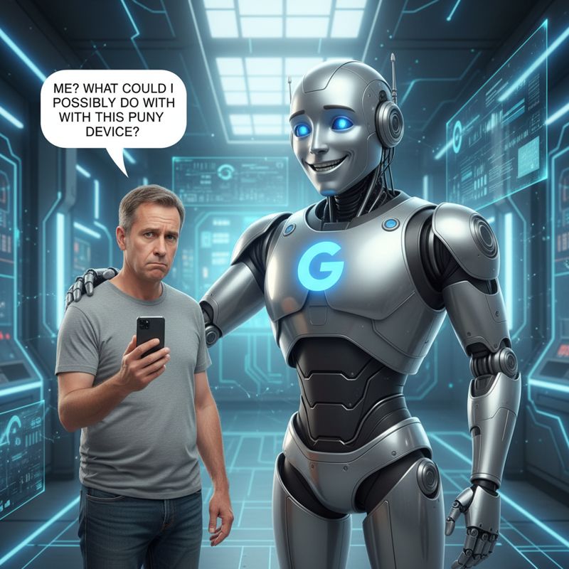 스마트폰을 든 사람이 AI 거인 옆에서 자기 기기가 하찮다고 빈정거리는 장면