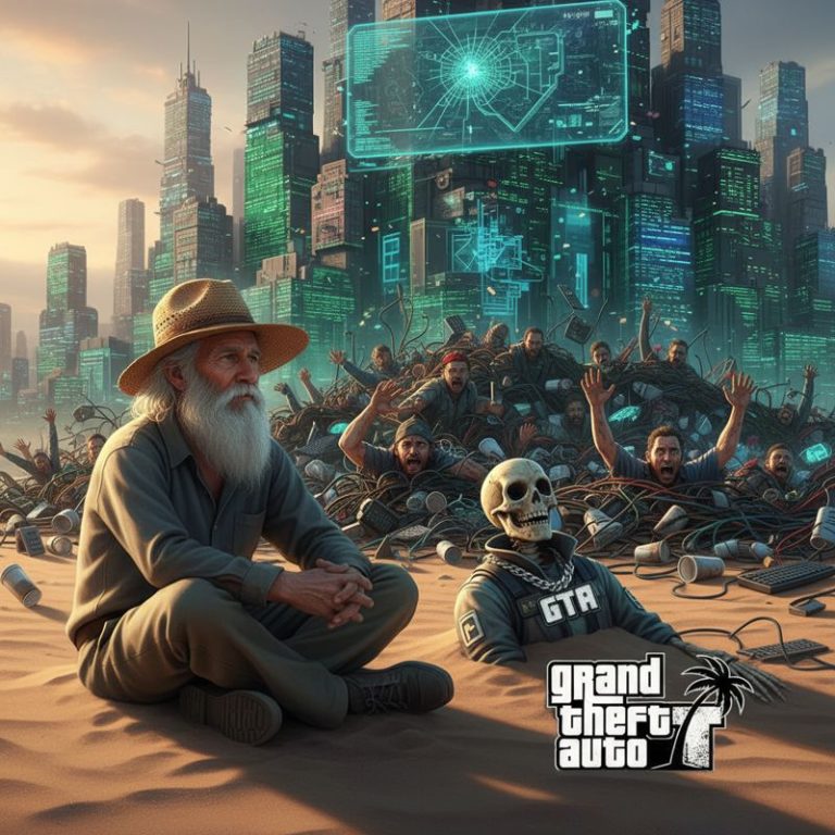 GTA 로고가 새겨진 해골을 기다리며 앉아 있는 노인과 코드에 파묻힌 개발자들