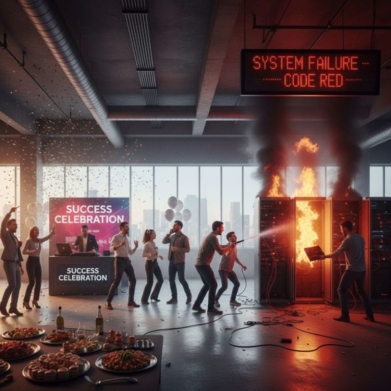 파티 중인 테크 직원들과 서버 화재 진압하는 개발자 대비