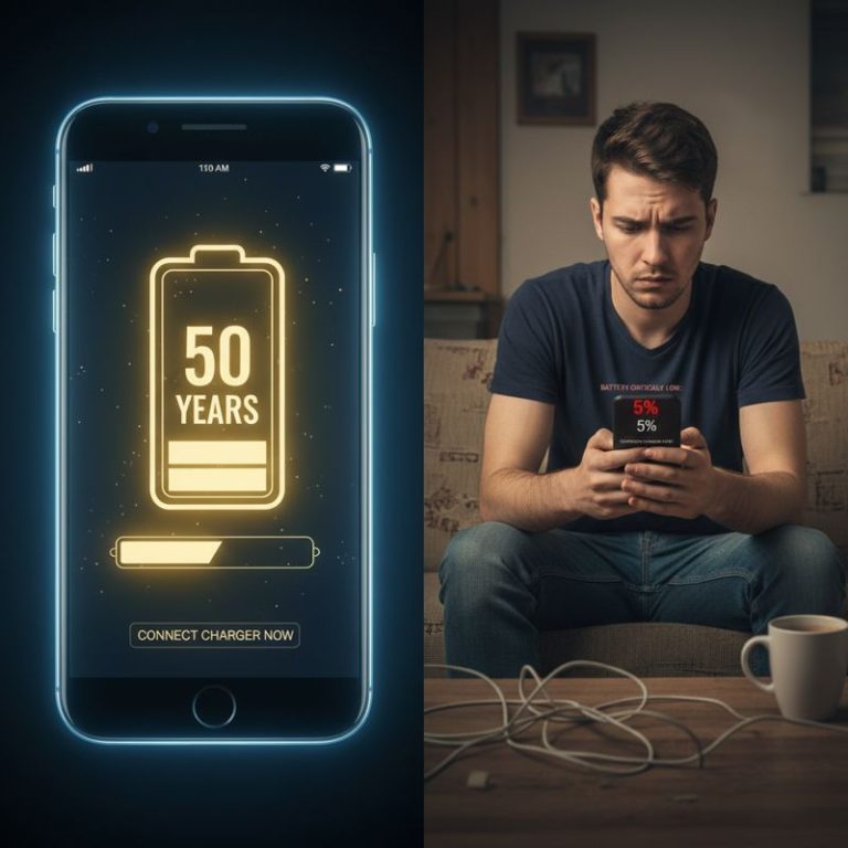 충전 50년 꿈꾸는 뉴스와 현실에서 배터리 부족 경고 보며 지친 스마트폰 사용자