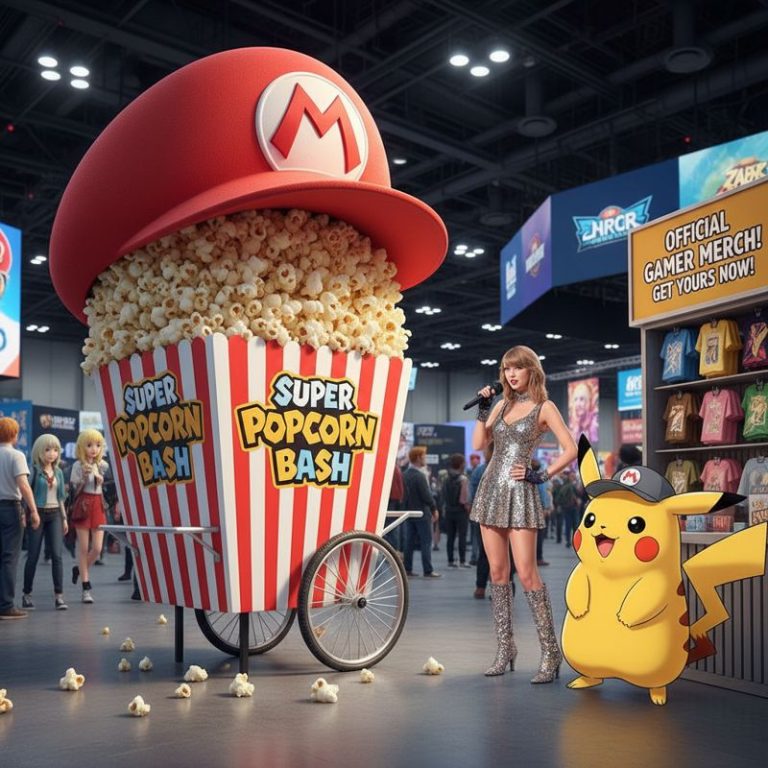 마리오 모자 모양 팝콘통과 굿즈 구매에 줄 서 있는 피카츄와 테일러 스위프트