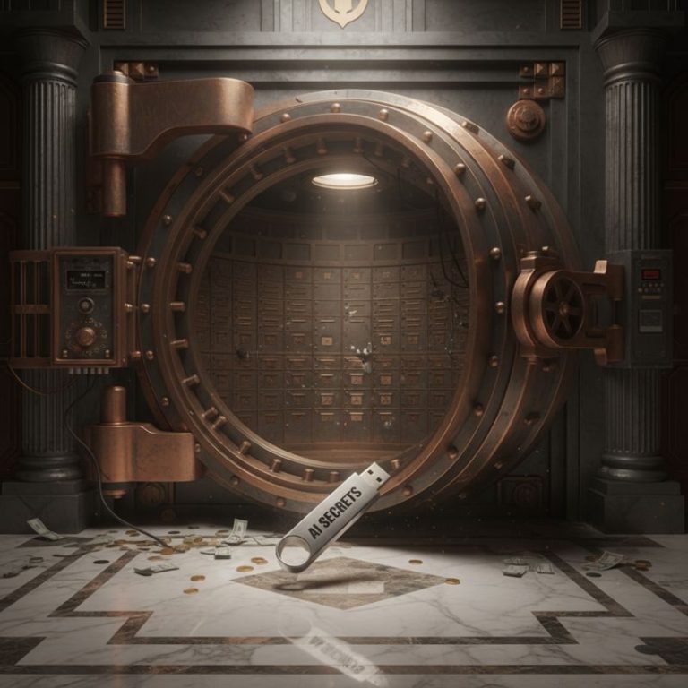 금고 문이 열려서 'AI 기밀' USB가 밖으로 굴러나오는 모습