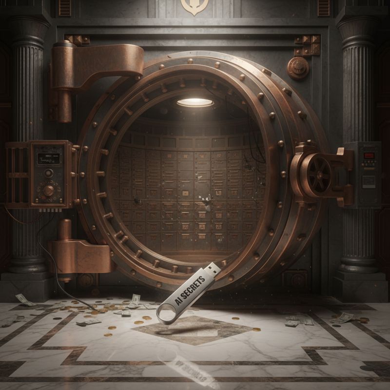 금고 문이 열려서 'AI 기밀' USB가 밖으로 굴러나오는 모습