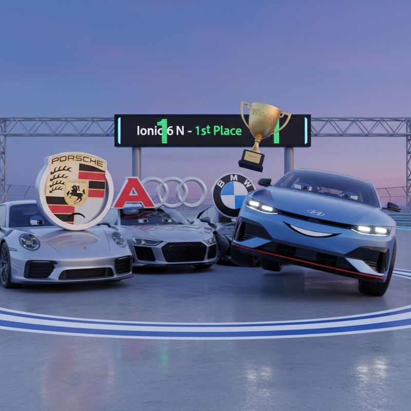 실망한 유럽 슈퍼카들 사이에서 트로피를 든 아이오닉6 N 캐릭터
