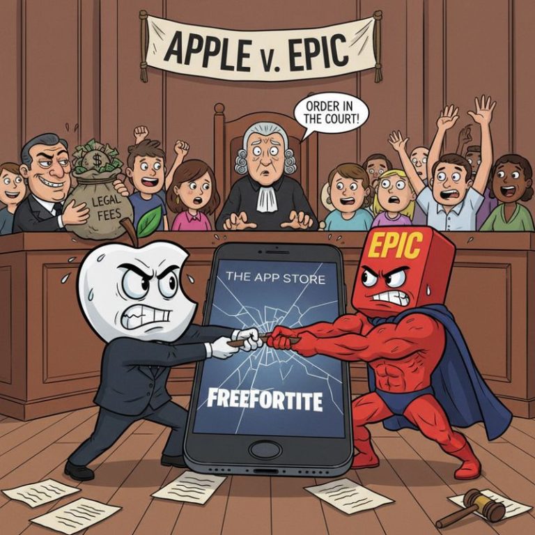 법정에서 애플과 에픽 게임즈가 아이폰 쟁탈전을 벌이고 변호사는 미소 지으며 돈을 들고 있음