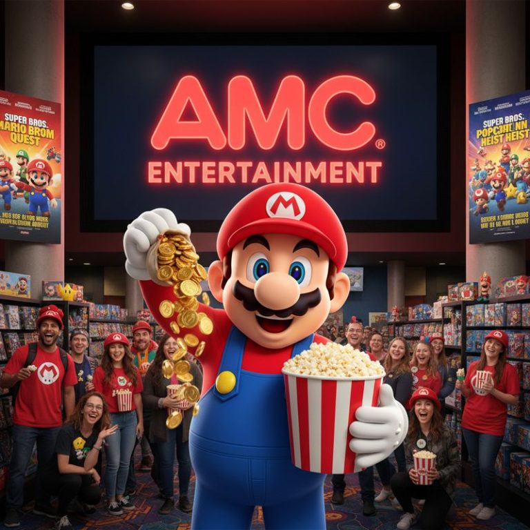 동전과 팝콘을 든 마리오가 AMC 극장 앞에서 활짝 웃고 있는 모습