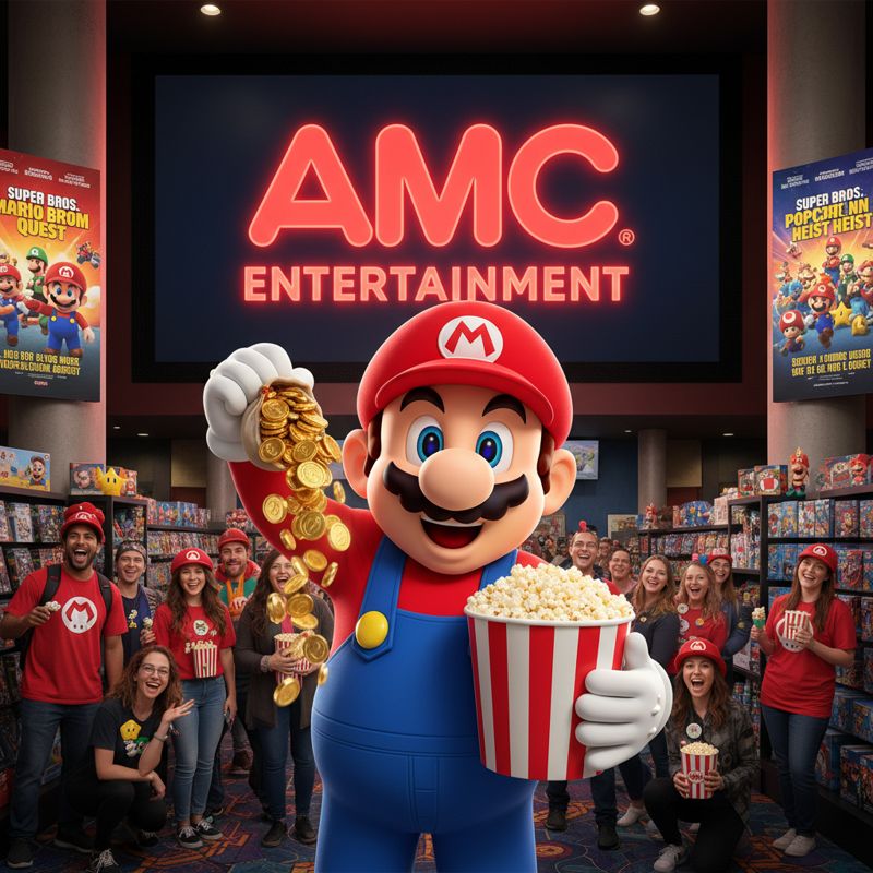 동전과 팝콘을 든 마리오가 AMC 극장 앞에서 활짝 웃고 있는 모습