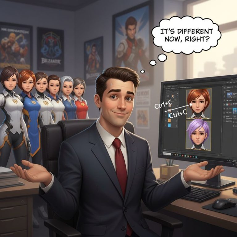 포토샵에서 캐릭터 얼굴을 복붙하는 블리자드 개발자와 옆에서 복사된 표정으로 서 있는 오버워치 여성 캐릭터들