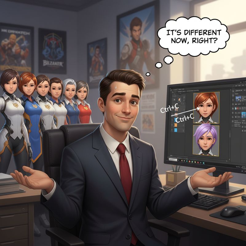포토샵에서 캐릭터 얼굴을 복붙하는 블리자드 개발자와 옆에서 복사된 표정으로 서 있는 오버워치 여성 캐릭터들
