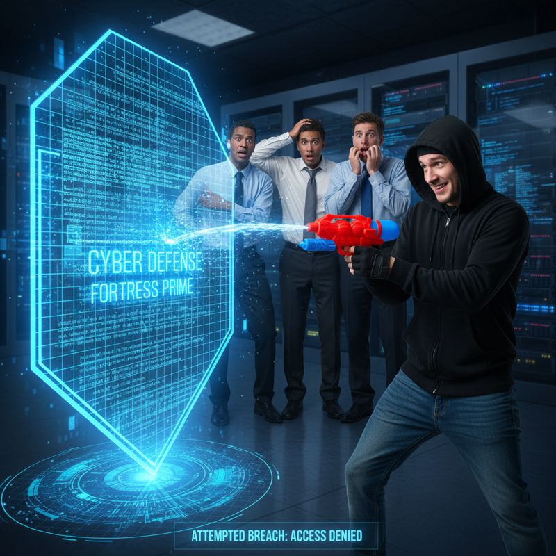 이란 해커가 거대한 방화벽 앞에서 물총을 들고 서 있고, 미국 IT 엔지니어들이 불안한 표정으로 바라보는 장면.