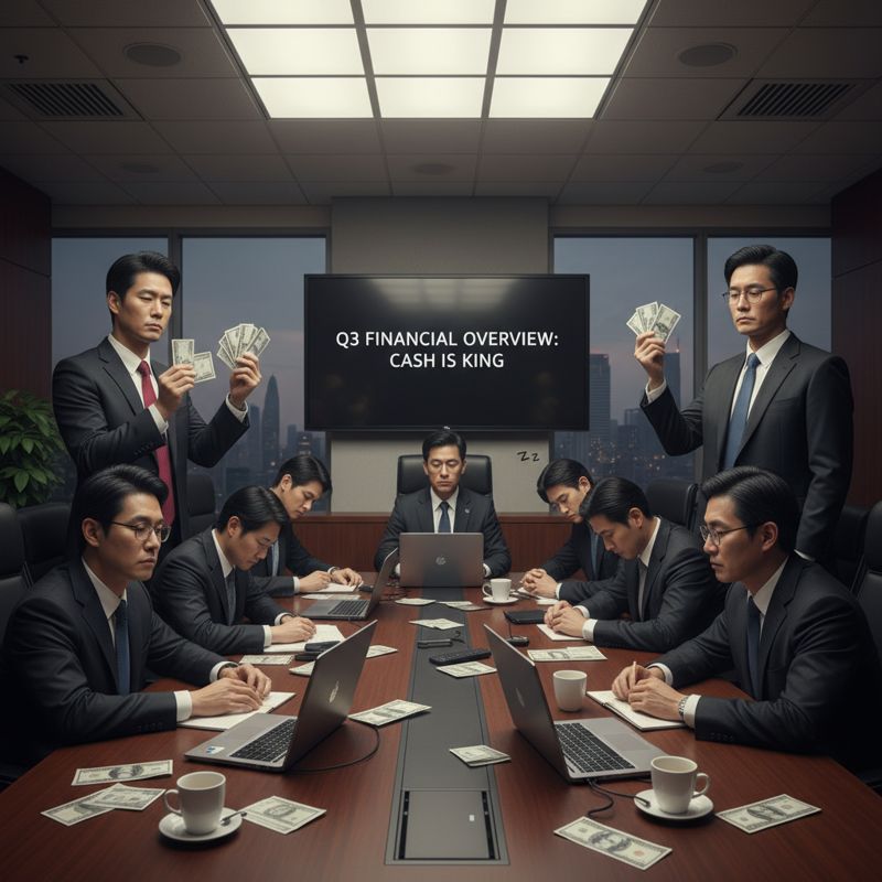 LG전자 임원들이 돈다발을 들고 회의 중, 직원들은 따분한 표정