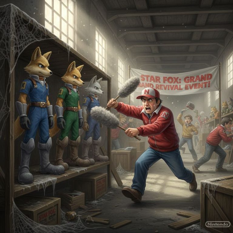 Star Fox 캐릭터들이 창고에서 급히 먼지를 털고 나오는 모습