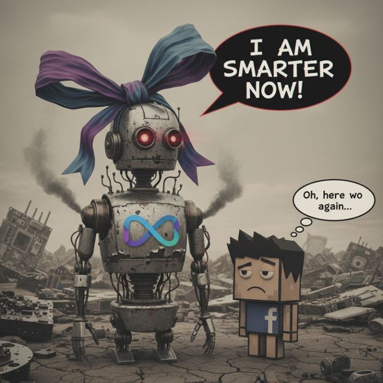 리본 단 Meta 로봇이 '난 더 똑똑해!'라고 하는데 친구가 무표정하게 바라보는 모습