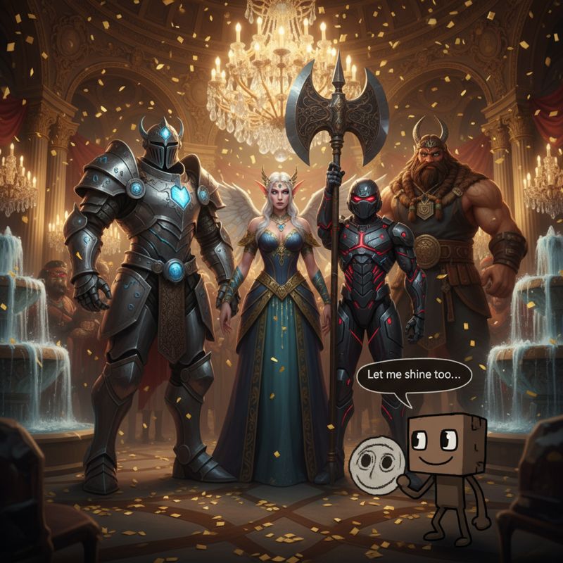 호화로운 AAA 게임 캐릭터 무리와 소외된 인디 게임 캐릭터의 대비