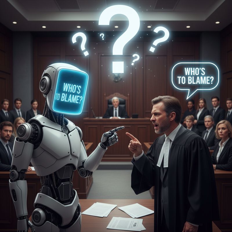 법정에서 로봇과 변호사가 서로를 비난하는 모습