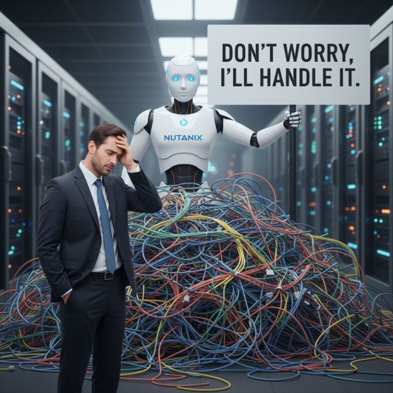 케이블에 둘러싸인 직장인과 돕겠다고 나선 뉴타닉스 AI 로봇