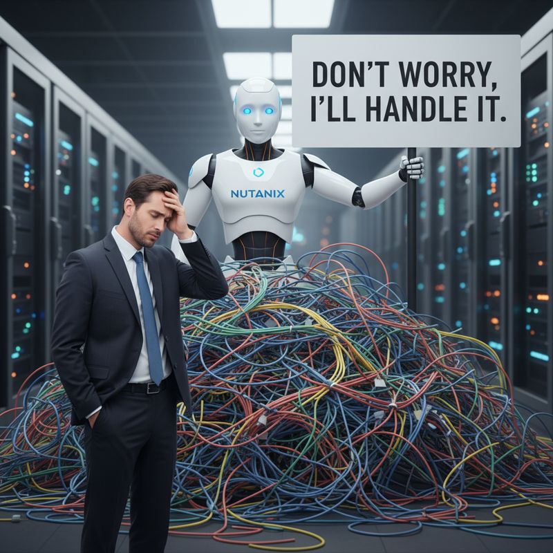 케이블에 둘러싸인 직장인과 돕겠다고 나선 뉴타닉스 AI 로봇