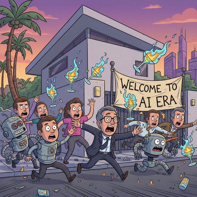 불붙은 칵테일이 날아오고 샘 알트만과 로봇이 놀라 피하는 만화 장면