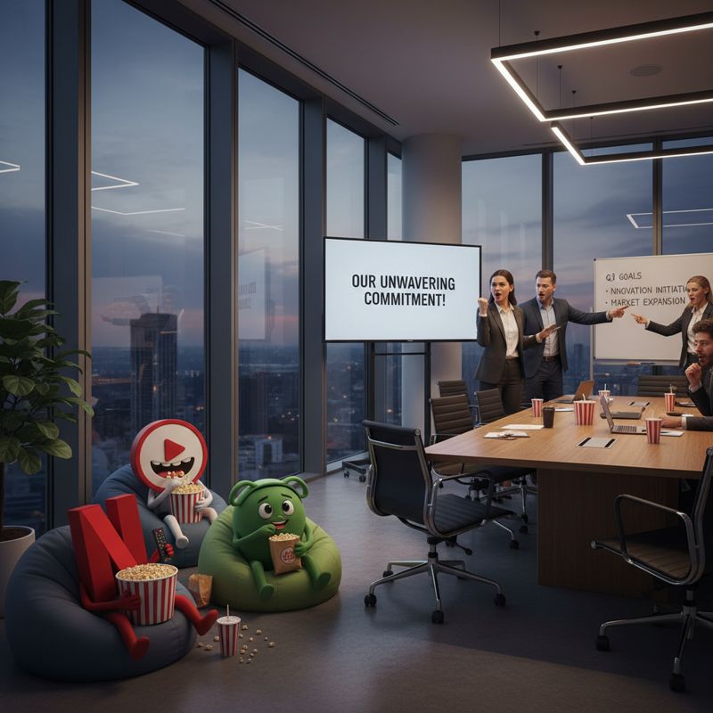 한국 방송위원들이 진지하게 회의하는 동안 OTT 플랫폼 마스코트들이 여유롭게 지켜보는 모습