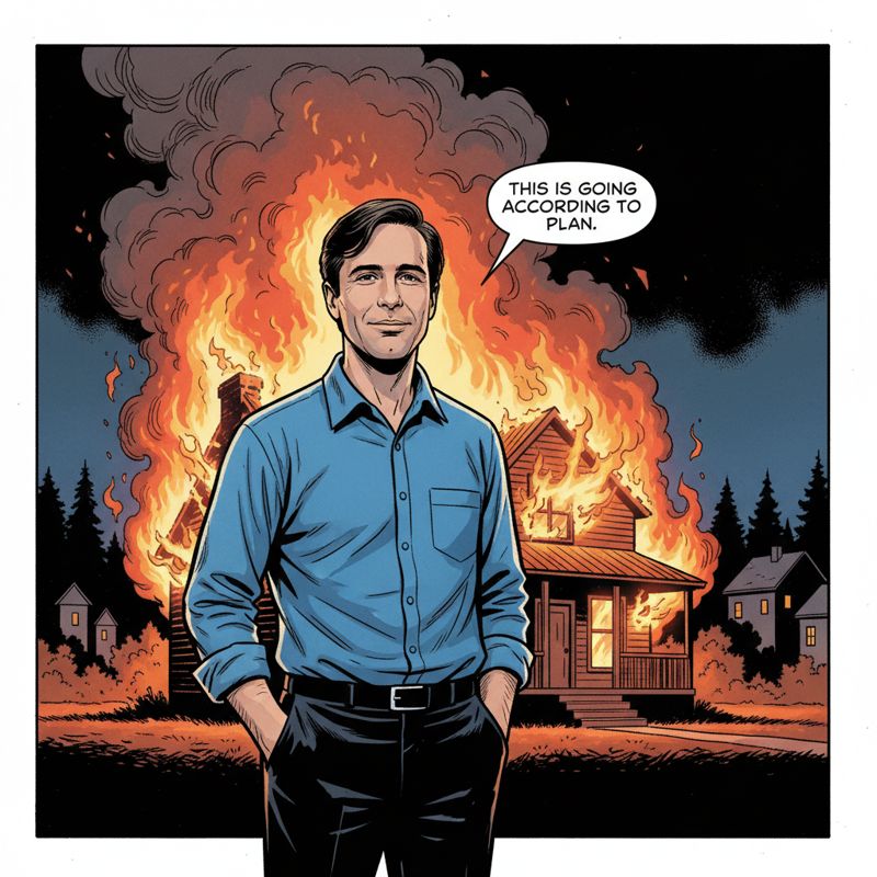 불타는 집 앞에서 태연한 얼굴의 샘 알트만 만화 이미지