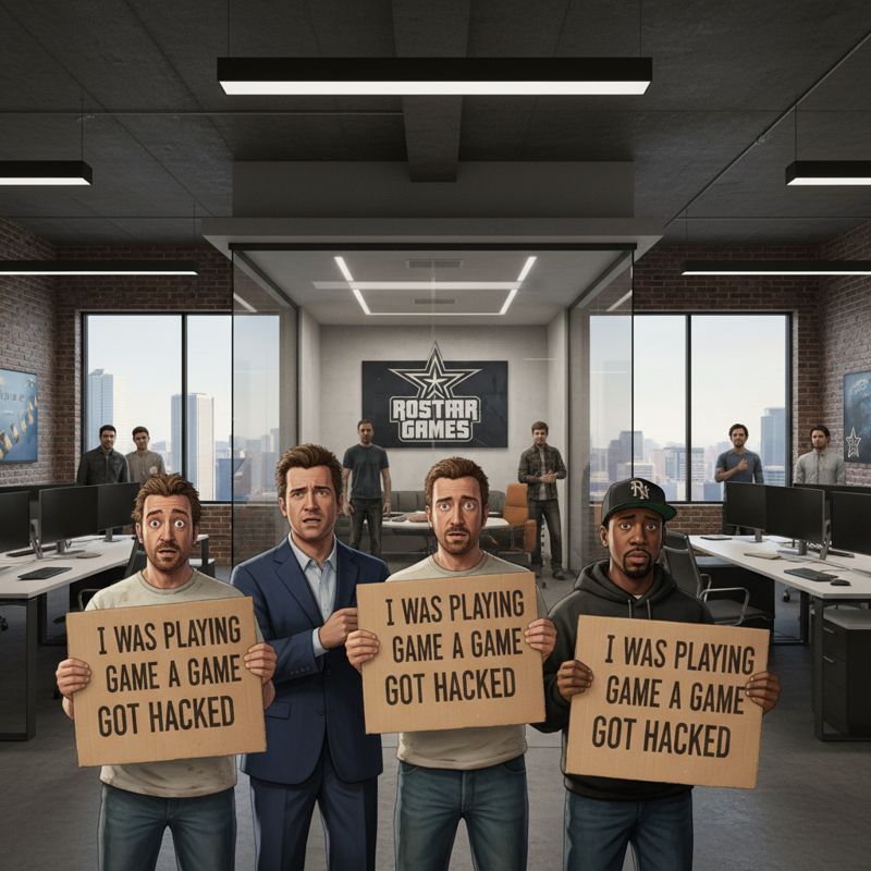 GTA 주인공들이 락스타 사무실에서 해킹 소식에 충격받은 표정을 짓고 있다