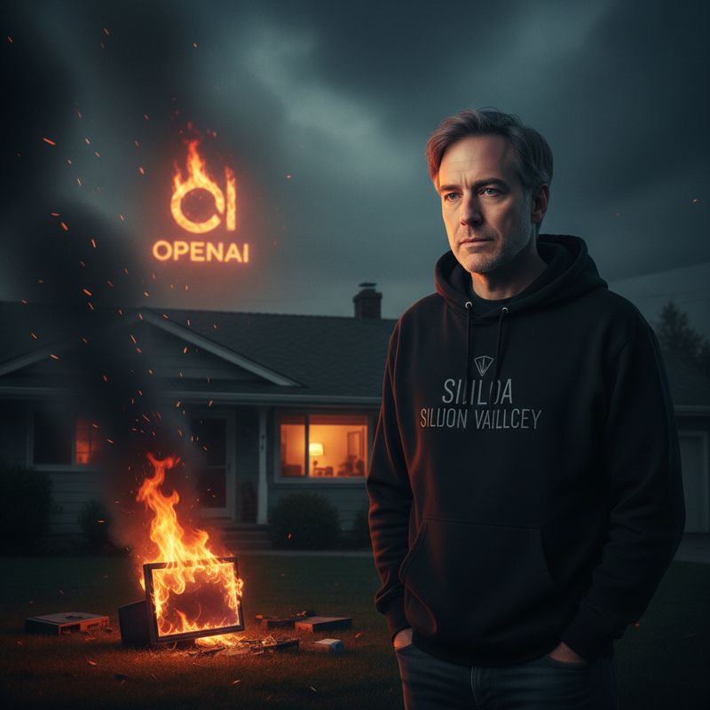 Sam Altman이 집 앞에서 불타는 모니터를 멍하게 바라봄