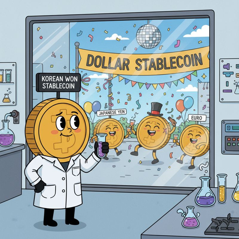 유리창 너머 세계를 부러운 듯 바라보는 원화 캐릭터, 달러·엔·유로 캐릭터는 즐겁게 파티 중