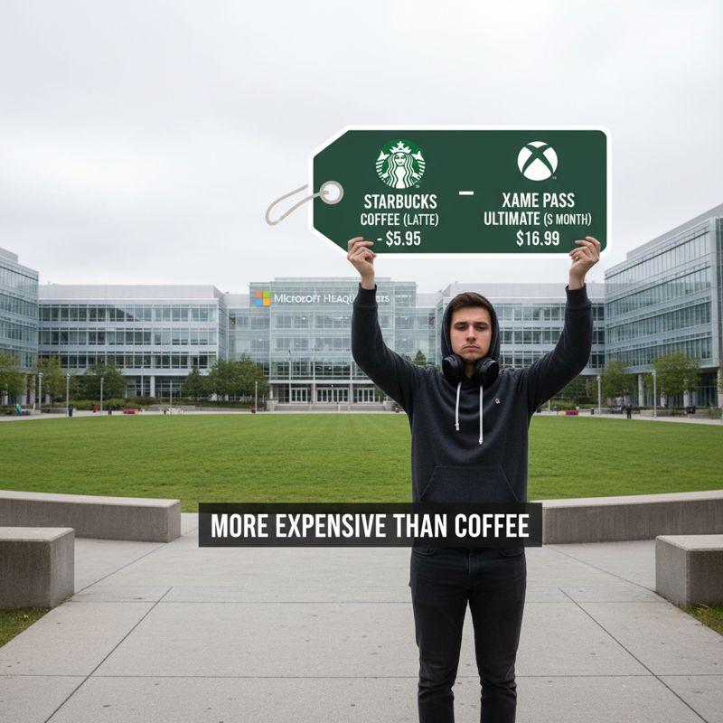 슬픈 표정의 게이머가 Xbox Game Pass 가격표를 들고 마이크로소프트 빌딩을 바라보는 모습