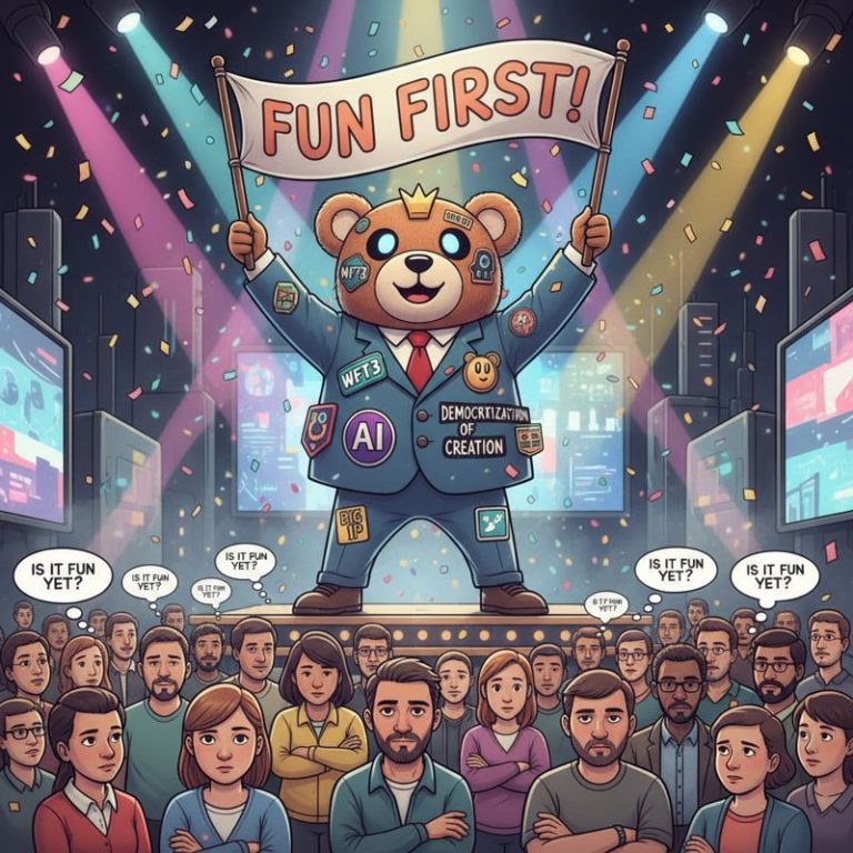 웹3, NFT, AI 등 트렌드 키워드를 얼굴에 붙인 대기업 캐릭터가 무대 위에서 '재미가 우선'이라고 외치는데, 관중들은 시큰둥한 표정을 하고 있는 장면.